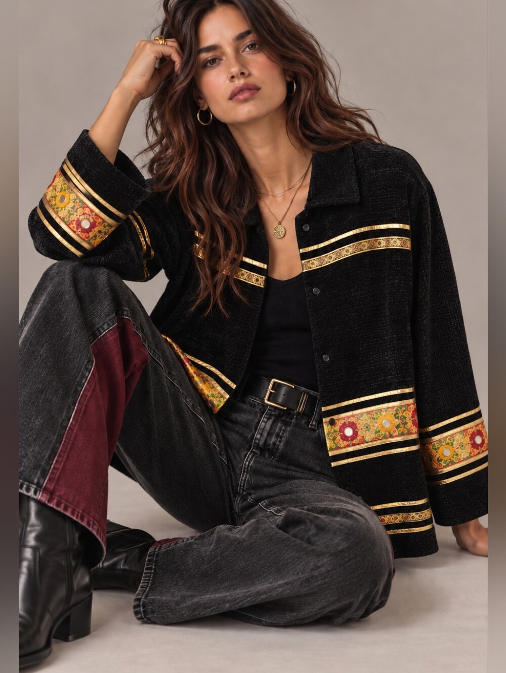 Vintage Allure Black Chenille Jacket Size Medium Boho Shisha Mirror Art to Wear